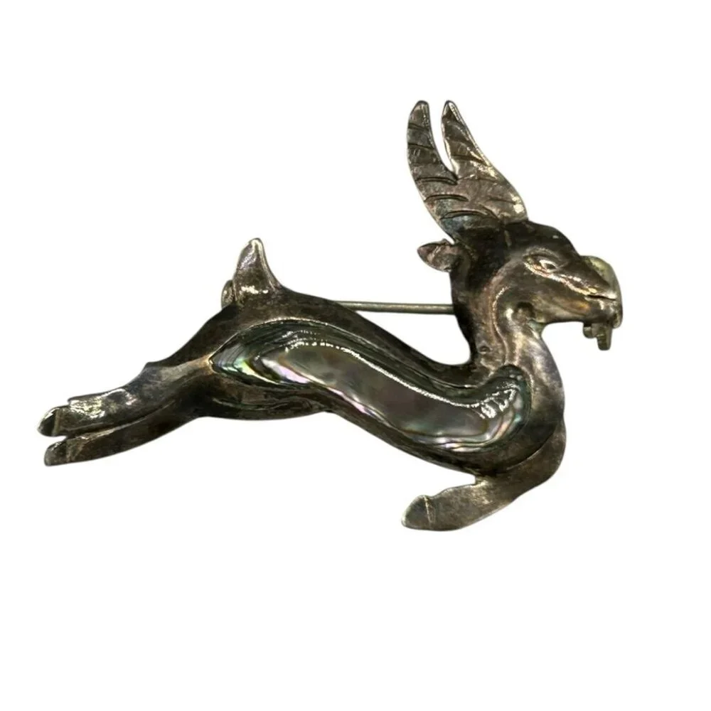 Vintage Mexico 925 Sterling Abalone Gazelle Antelope Brooch